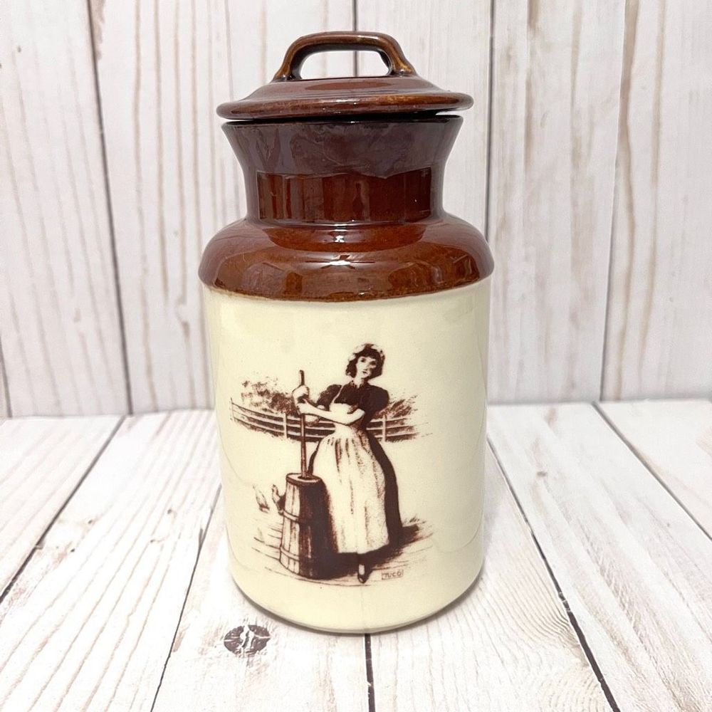 Vintage MCM McCoy USA #251 Woman Churning Butter  Brown & Beige Canister w/Lid - Picture 2 of 12